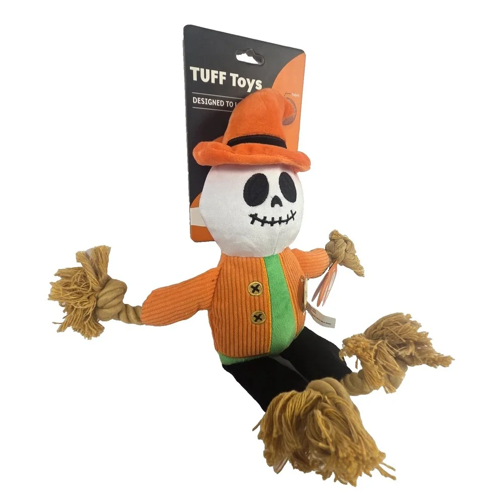 TUFF Toys Halloween Scarecrow Dog Toy 14 Inch Squeaky Durable Rope Plush Orange
